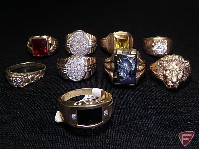 (9) men's 10k yellow Gold rings: lion's head, Dad's ring, yellowstone, red stone,