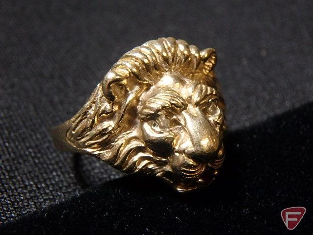 (9) men's 10k yellow Gold rings: lion's head, Dad's ring, yellowstone, red stone,