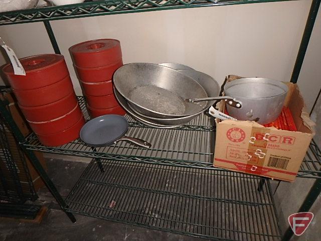 Contents of shelf: (10) Imusa tortilla warmers, 8" ceramic coated fry pan, 2-3/4qt saucepan, and