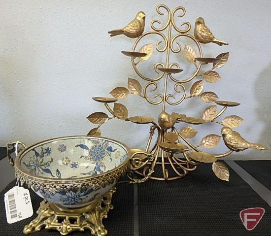 Bird and leaf metal candle holder with metal trimmed bowl, both