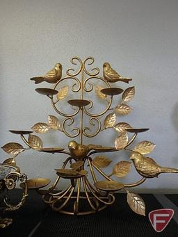 Bird and leaf metal candle holder with metal trimmed bowl, both