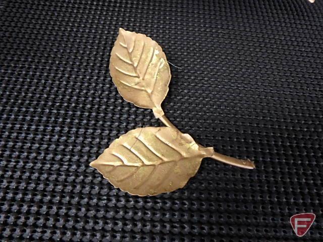 Bird and leaf metal candle holder with metal trimmed bowl, both