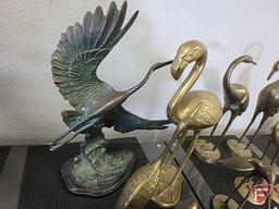 Brass birds, cranes and (1) flamingo, 11 pcs