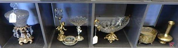 Glass and metal candy dishes, candle holders, jewelry box, and brass vase, 7 pcs