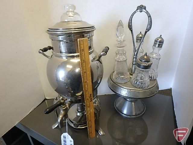 Kerosene heated coffee pot and vintage glass and metal condiment holder, both