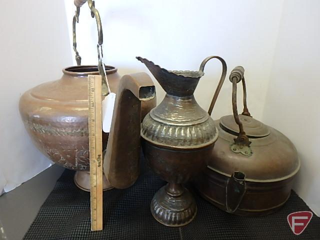 Copper pitcher and (2) kettles, one is missing lid, 3 pcs