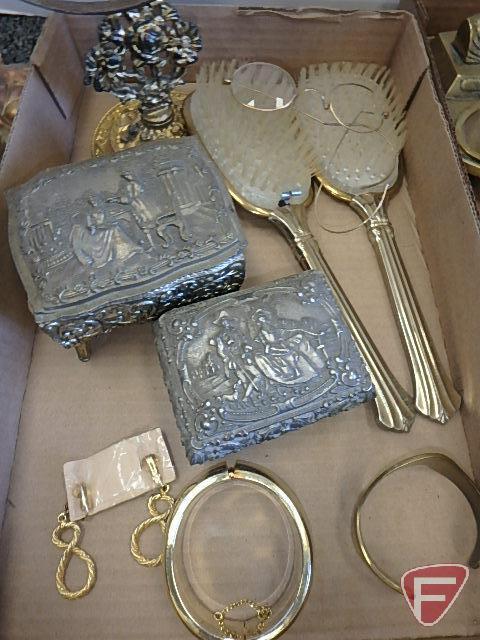 Hair brushes, bracelets, earrings, jewelry boxes, brass ashtray, brass pen holder, brass desk double