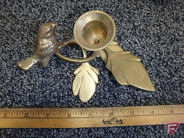 Brass watering can, brass wall hanging fans, brass shell, candle holder, and decorative brass tin