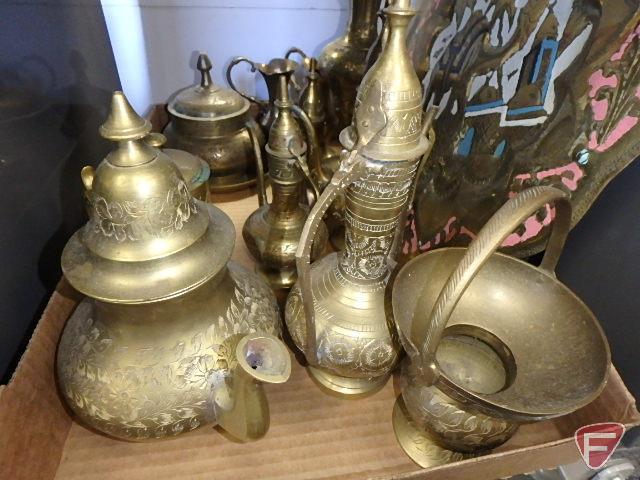 Brass etched items: incense burners, tea kettle, small pouring pitchers, vases, and more, both