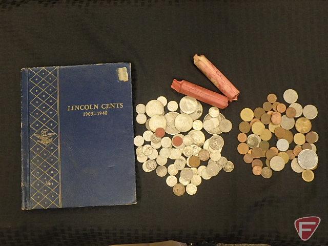 (2) 50 coin unsearched Wheat Penny rolls, (2) 1964 90% Silver Kennedy Half Dollars,