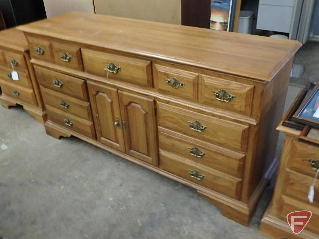 Wood dresser, 7 drawers, 2 door with 2 drawers behind, 35inHx68inWx19inD.