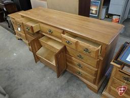 Wood dresser, 7 drawers, 2 door with 2 drawers behind, 35inHx68inWx19inD.
