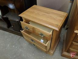 Wood night stand, 2 drawers, some scratches, marker on top, 27inHx26inWx16inD.