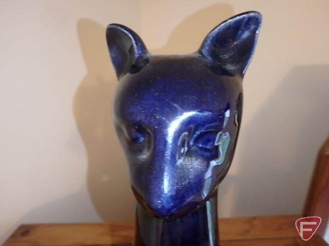 Van Briggle glaze pottery cat, 15 in high, signed