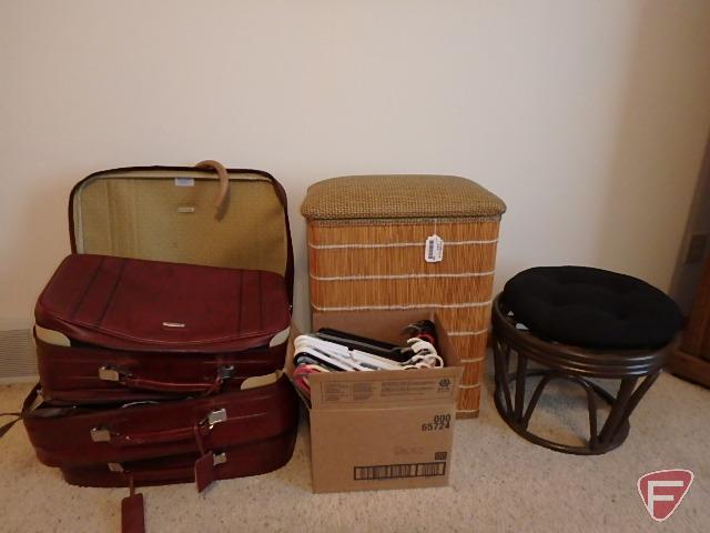 Hamper with closet cover, hangers, footstool, Samsonite luggage with ladies purses and belts