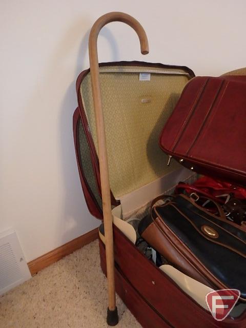 Hamper with closet cover, hangers, footstool, Samsonite luggage with ladies purses and belts