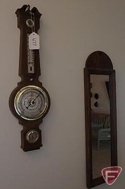 Metal wall art, Springfield barometer, and mirror