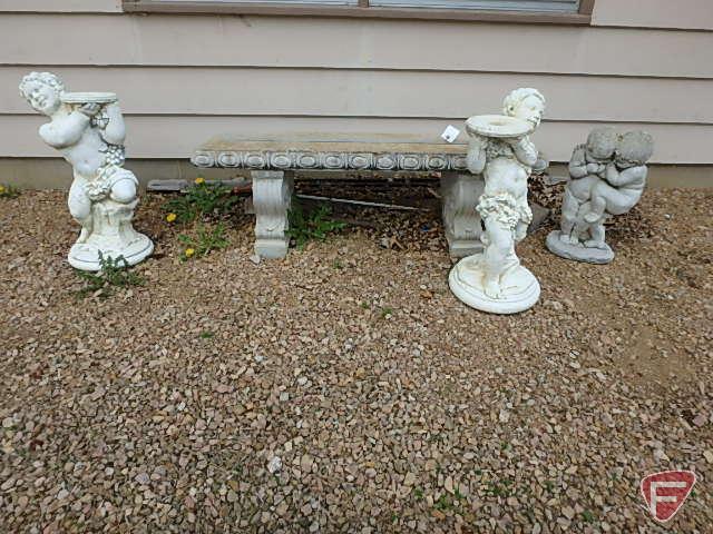 Concrete lawn art: 50"x15"W bench and (3) statues 21"H, 27"H, and 26"H