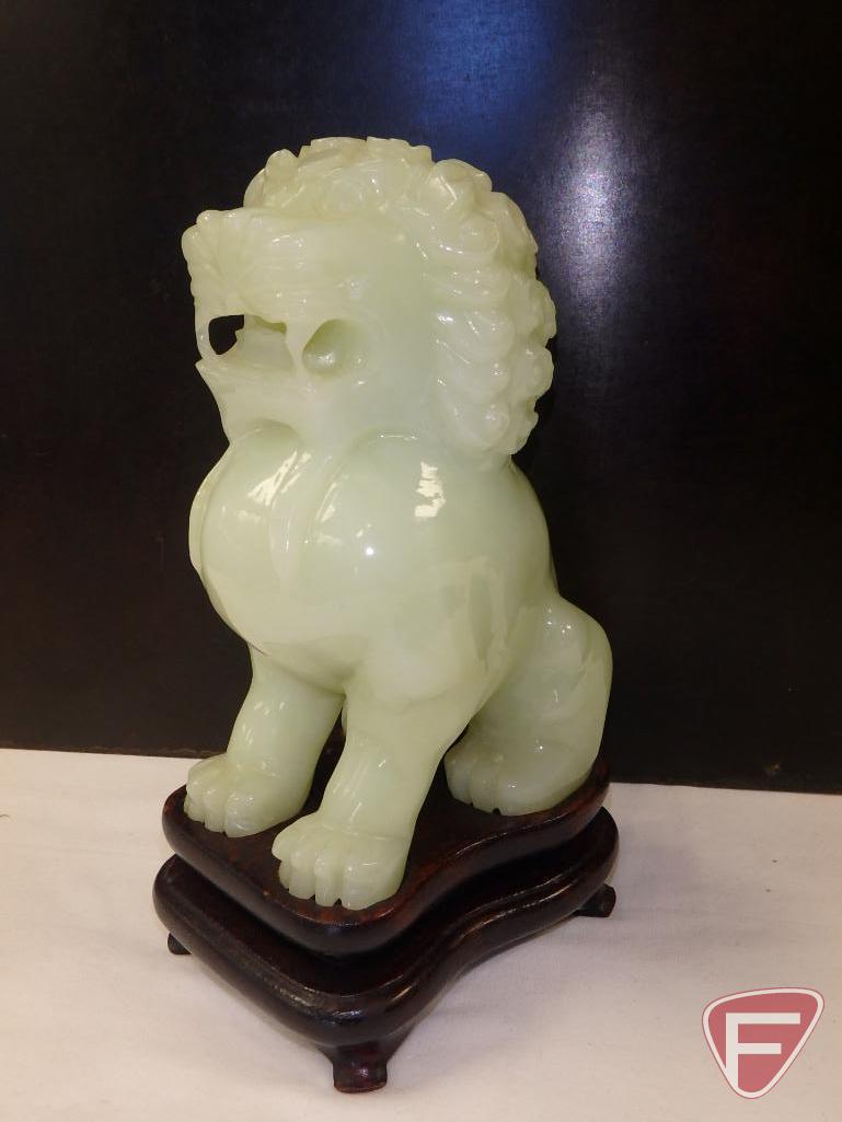 Jade lion/Foo Dog/dragon dog on wood pedestal, 7inH