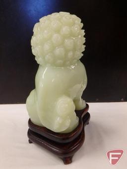 Jade lion/Foo Dog/dragon dog on wood pedestal, 7inH