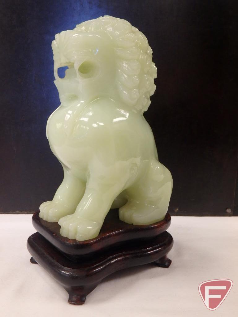 Jade lion/Foo Dog/dragon dog on wood pedestal, 7inH