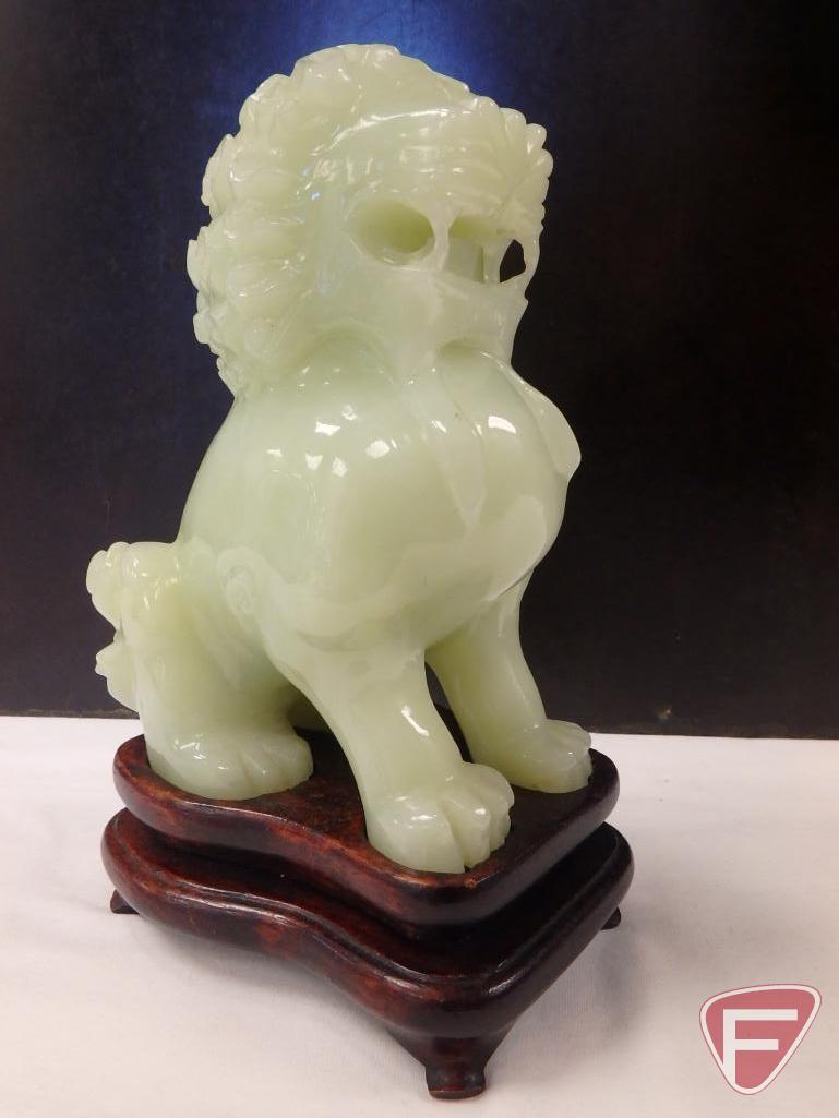 Jade lion/Foo Dog/dragon dog on wood pedestal, 7inH