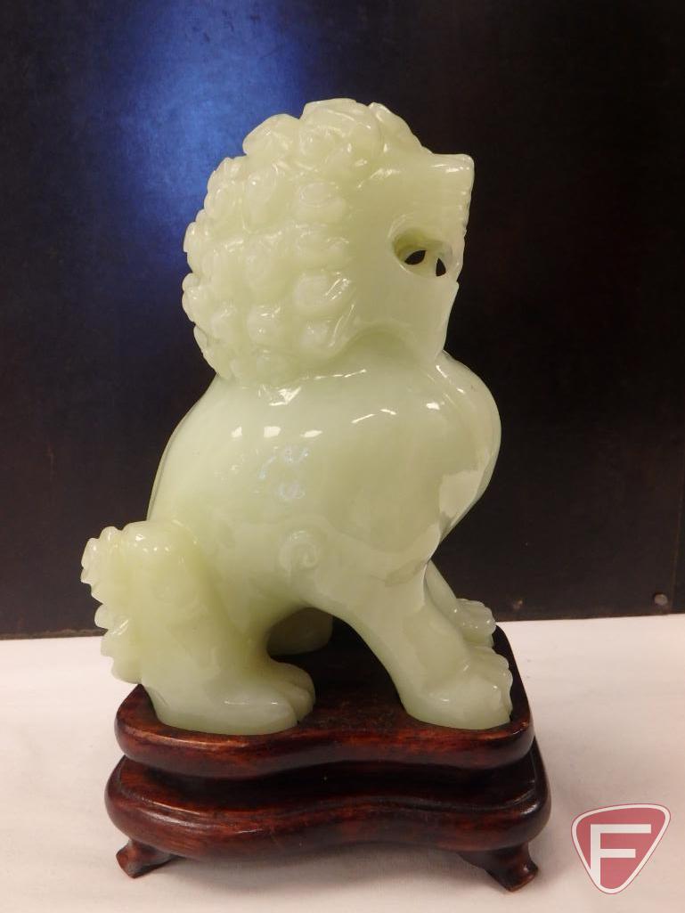 Jade lion/Foo Dog/dragon dog on wood pedestal, 7inH