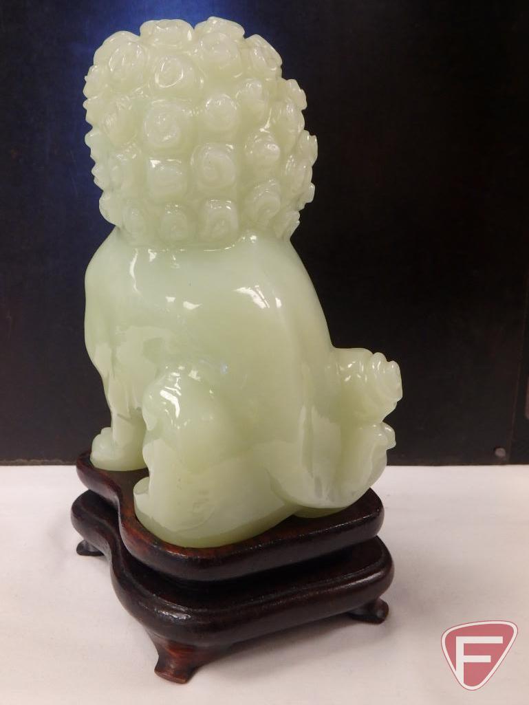 Jade lion/Foo Dog/dragon dog on wood pedestal, 7inH