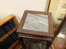 Framed and matted flower pictures, 30inHx14inW, wood stand with marble top 16inH,