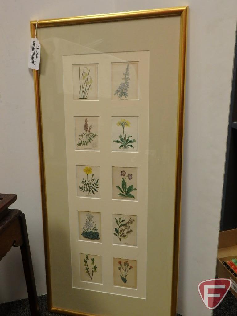 Framed and matted flower pictures, 30inHx14inW, wood stand with marble top 16inH,