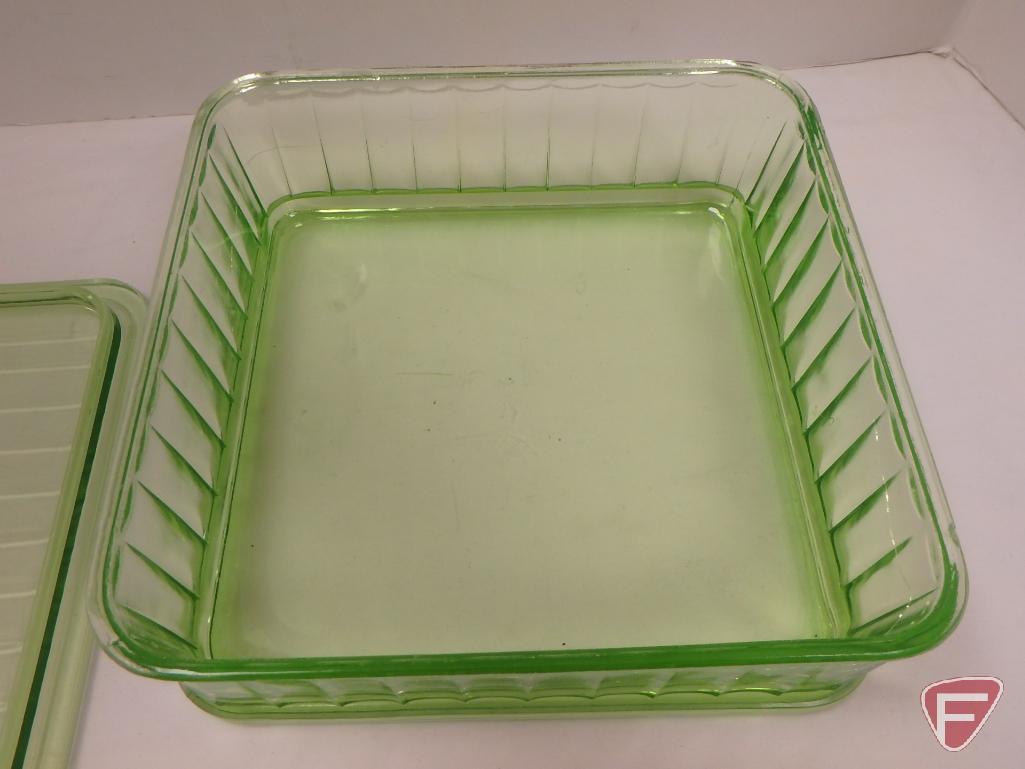 Green depression glass refrigerator dishes. 3 dishes. Contents of 2 boxes