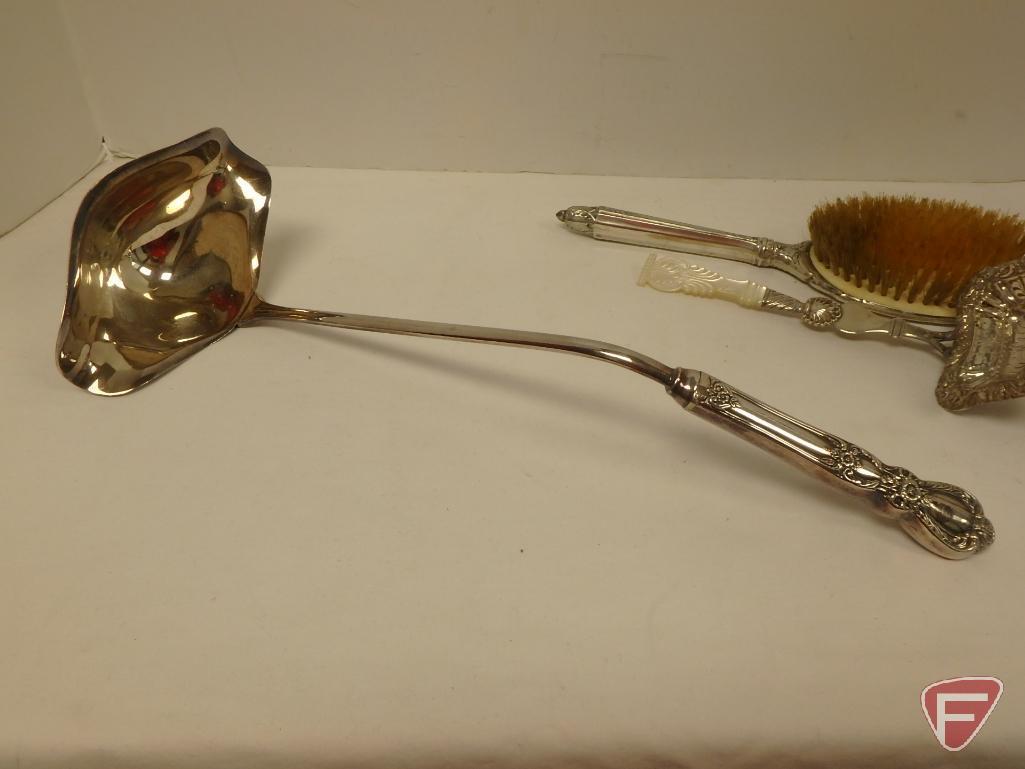 Metal pieces, platters, candle holder, ladles, brush, F B Rogers alcohol lamp burner, and