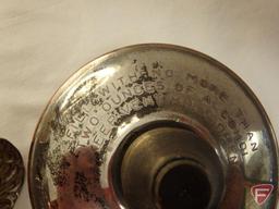 Metal pieces, platters, candle holder, ladles, brush, F B Rogers alcohol lamp burner, and