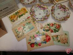 Porcelain placecard set, porcelain finger bowls, and vintage greeting sample cards.