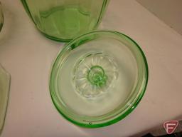 Green depression glass cookie/snack jars with lids.