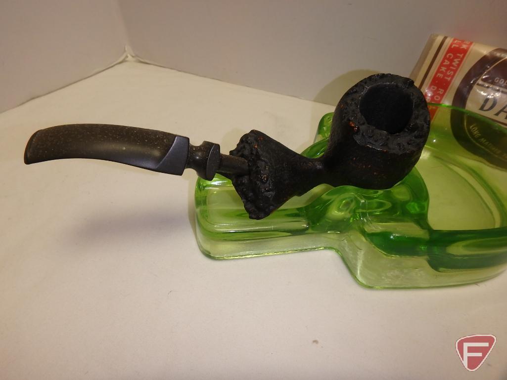 Antique smoking pipe with green glass depression holder and vintage tobacco