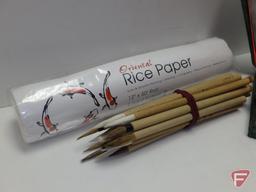 Oriental calligraphySumi painting set, brushes, carved wood brush holder