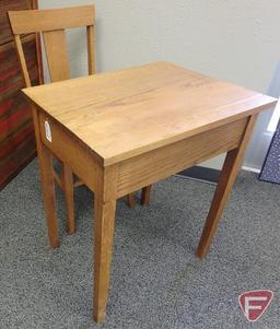 Vintage wood desk with wood chair with leather-like seat and nailhead trim. 2 pieces