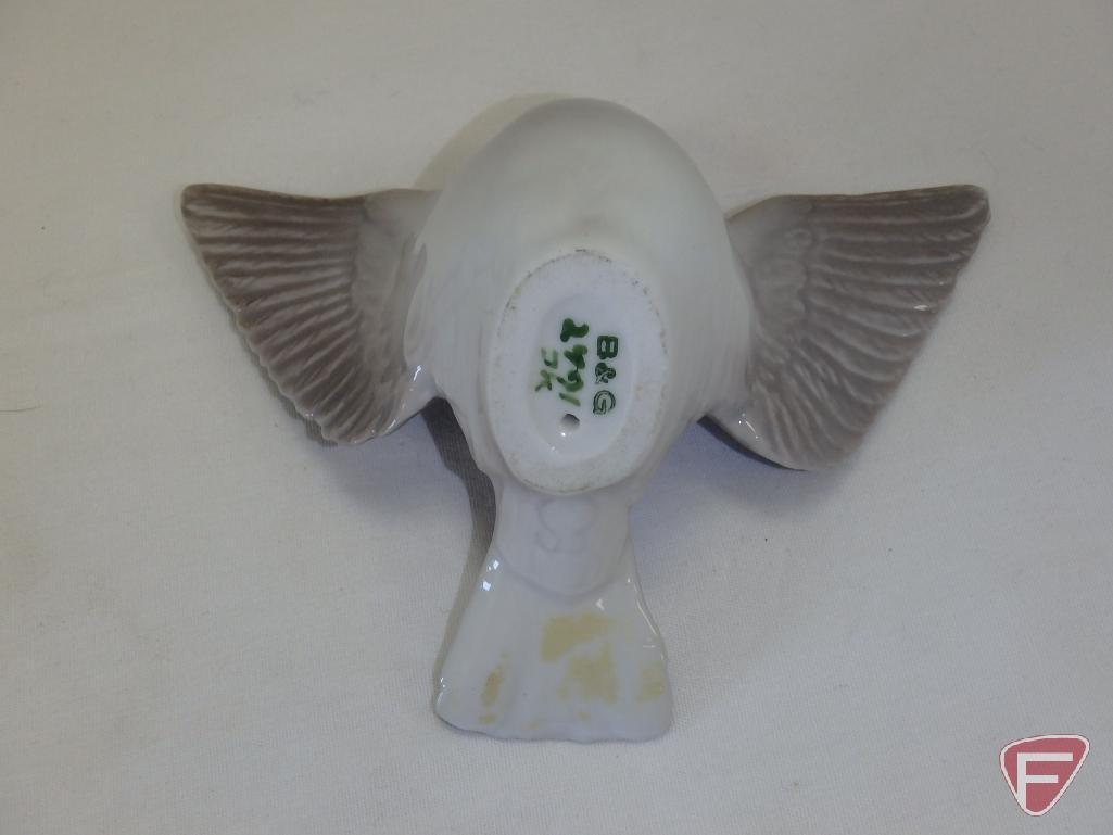 (3) B&G porcelain birds and vintage bird cage. 4 pieces