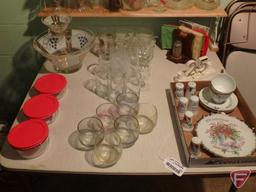 Glass containers with lids, anniversary dishes, clear glass drinking cups, punch bowl,