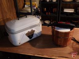 Folding table and contents: New drink/water fountain, Breville pie cooker, ice cream maker,