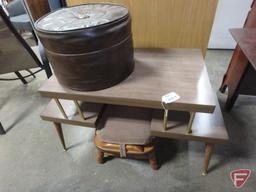 Wood footstool with detachable cushion, vinyl round ottoman, wood table 23inHx38inWx18inD. 3 pieces