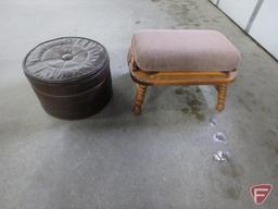 Wood footstool with detachable cushion, vinyl round ottoman, wood table 23inHx38inWx18inD. 3 pieces