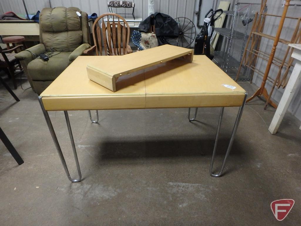 Vintage wood table with metal legs 32inX48in with one 11in leaf, and