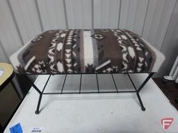 Wood table with one drawer and enamel top, upholstered footstool/bench,