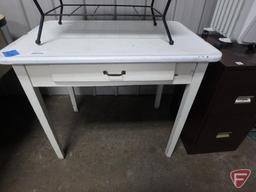 Wood table with one drawer and enamel top, upholstered footstool/bench,