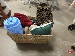 Wood blanket/quilt stand, woven basket, quilt and assortment of blankets/throws.