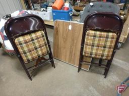 Blue 32in square folding table with (4) matching chairs, (4) brown upholstered folding chairs, and