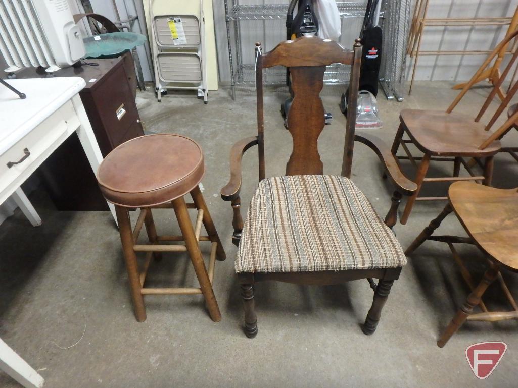 Wood chair with upholstered seat, wood stool with vinyl seat, wood bench, wood child seat,