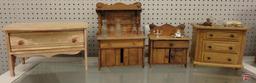 Wood doll furniture with miniature items. One drawer table is 8inHx13inW, buffet is 12inH.